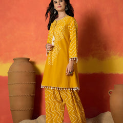 Stylum Women's Yellow Bandhej Printed Pure Cotton A-Line Kurti With Farshi Salwar (KSYELLOWNAYIKA)