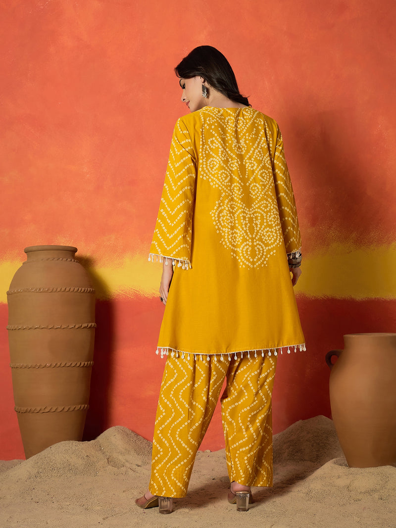 Stylum Women's Yellow Bandhej Printed Pure Cotton A-Line Kurti With Farshi Salwar (KSYELLOWNAYIKA)