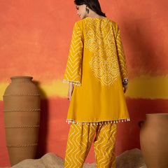 Stylum Women's Yellow Bandhej Printed Pure Cotton A-Line Kurti With Farshi Salwar (KSYELLOWNAYIKA)
