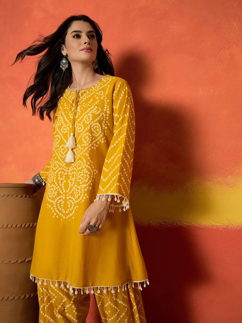 Stylum Women's Yellow Bandhej Printed Pure Cotton A-Line Kurti With Farshi Salwar (KSYELLOWNAYIKA)