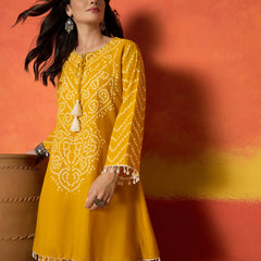 Stylum Women's Yellow Bandhej Printed Pure Cotton A-Line Kurti With Farshi Salwar (KSYELLOWNAYIKA)