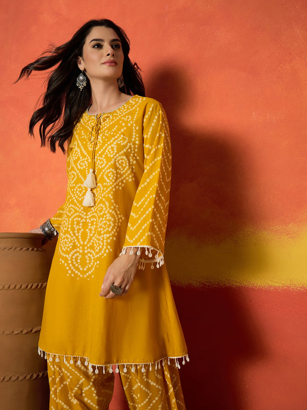 Stylum Women's Yellow Bandhej Printed Pure Cotton A-Line Kurti With Farshi Salwar (KSYELLOWNAYIKA)