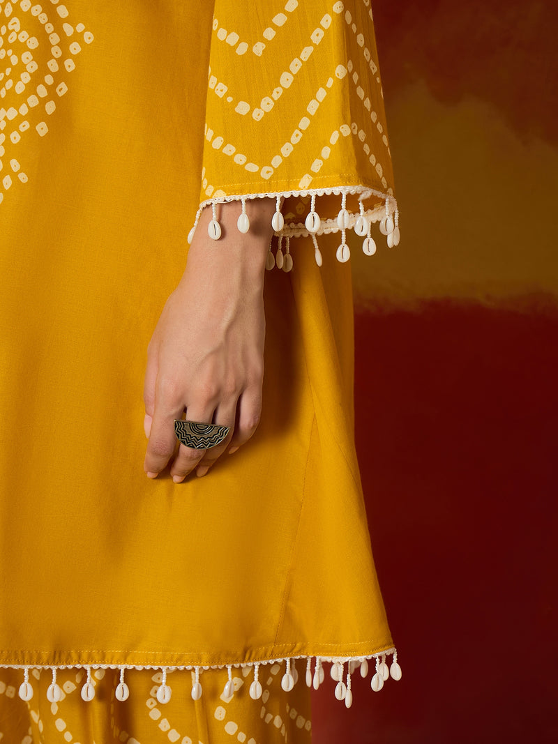 Stylum Women's Yellow Bandhej Printed Pure Cotton A-Line Kurti With Farshi Salwar (KSYELLOWNAYIKA)