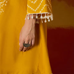 Stylum Women's Yellow Bandhej Printed Pure Cotton A-Line Kurti With Farshi Salwar (KSYELLOWNAYIKA)