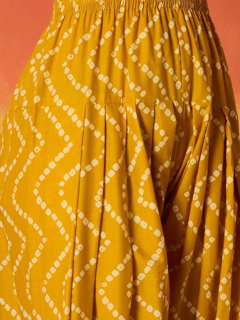 Stylum Women's Yellow Bandhej Printed Pure Cotton A-Line Kurti With Farshi Salwar (KSYELLOWNAYIKA)