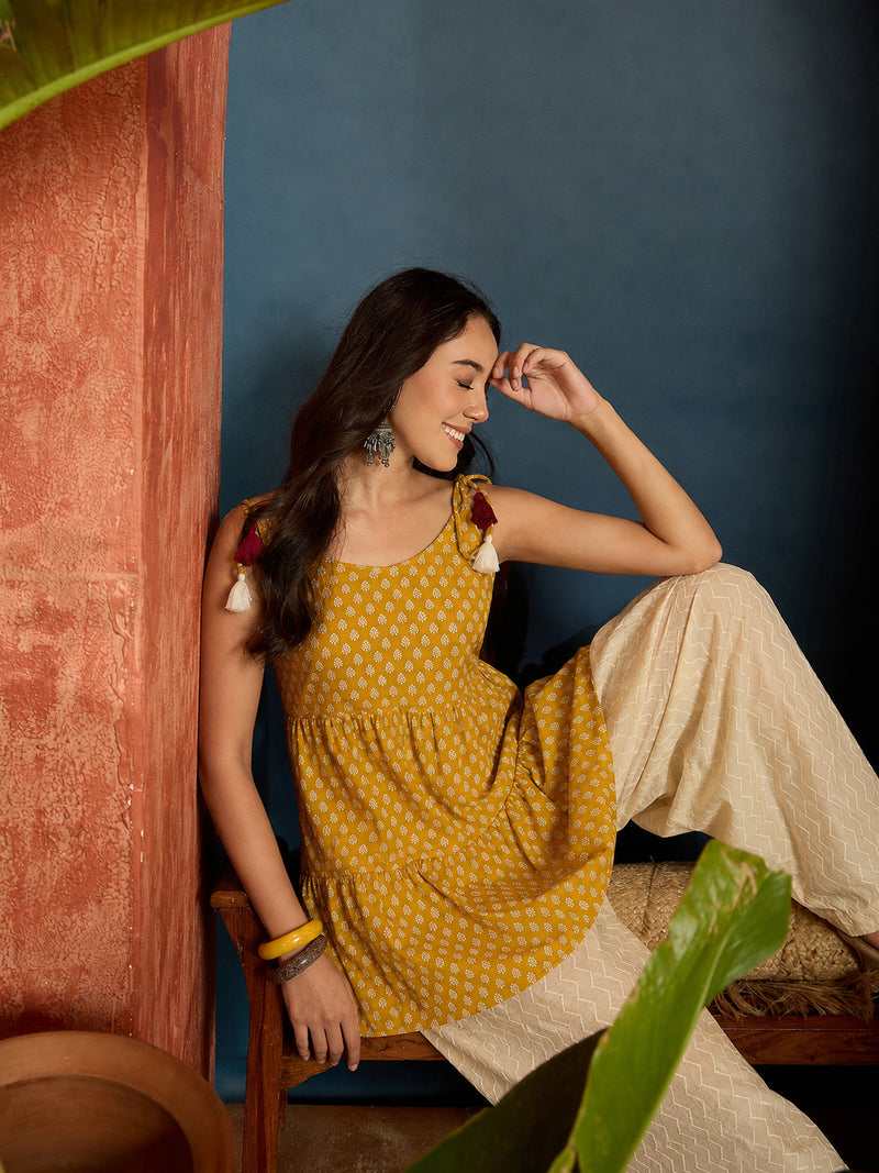 Stylum Women's Yellow Buti Printed Cotton A-Line Short Kurti With Farshi Salwar (KSYELLOWSONIYO)
