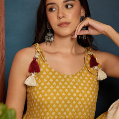 Stylum Women's Yellow Buti Printed Cotton A-Line Short Kurti With Farshi Salwar (KSYELLOWSONIYO)