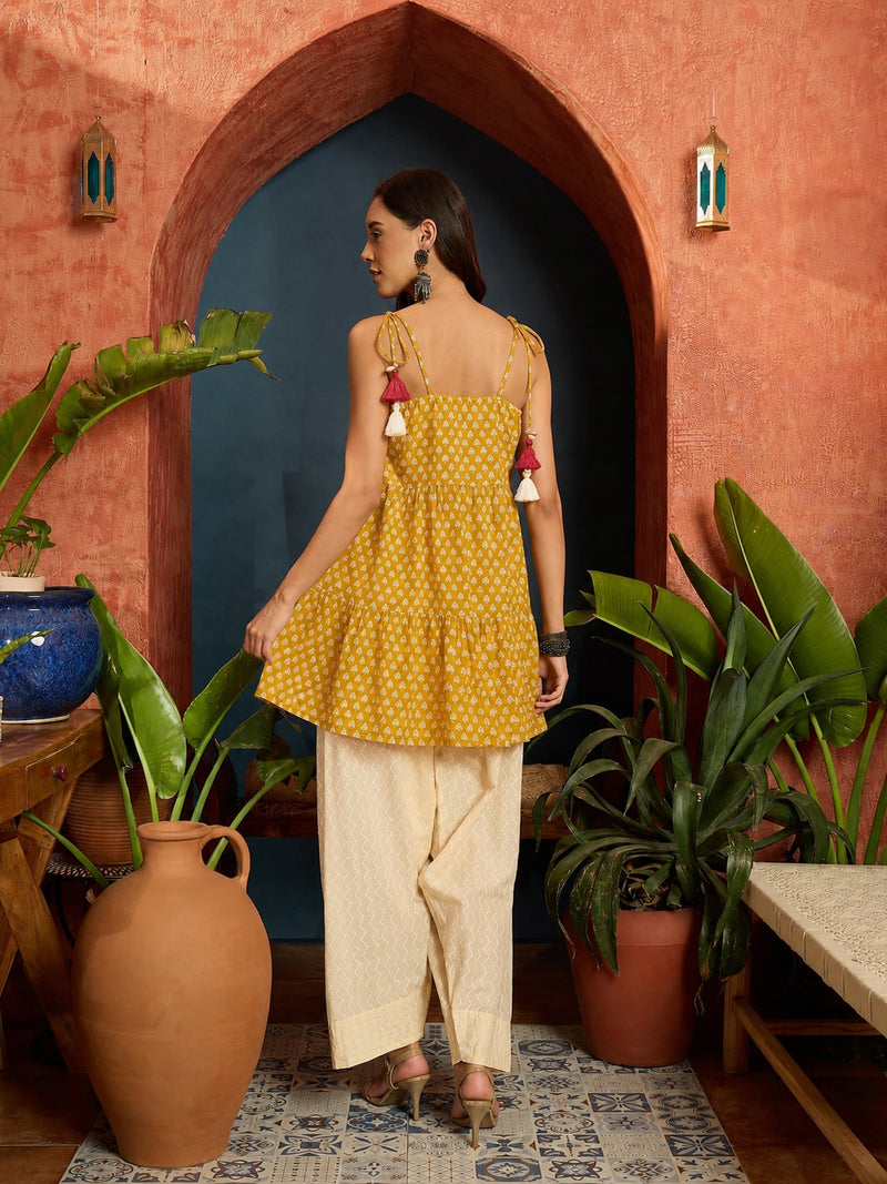 Stylum Women's Yellow Buti Printed Cotton A-Line Short Kurti With Farshi Salwar (KSYELLOWSONIYO)