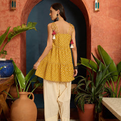 Stylum Women's Yellow Buti Printed Cotton A-Line Short Kurti With Farshi Salwar (KSYELLOWSONIYO)