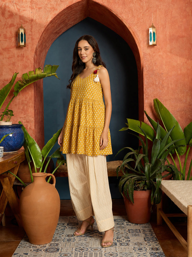Stylum Women's Yellow Buti Printed Cotton A-Line Short Kurti With Farshi Salwar (KSYELLOWSONIYO)
