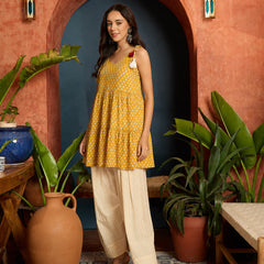 Stylum Women's Yellow Buti Printed Cotton A-Line Short Kurti With Farshi Salwar (KSYELLOWSONIYO)
