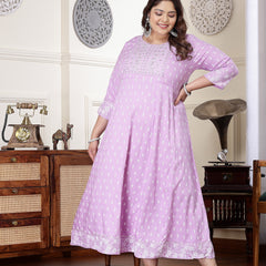 Plus Size Women's Purple Printed & Embroidered Rayon Anarkali Kurta (LAVENDERDIONPLUS)