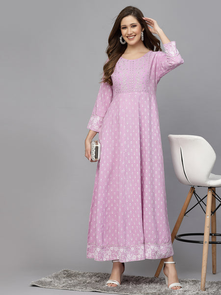 Stylum Women's Green Printed & Embroidered Rayon Anarkali Kurta (LAVENDERDION)