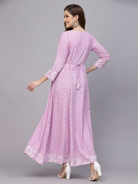 Stylum Women's Green Printed & Embroidered Rayon Anarkali Kurta (LAVENDERDION)
