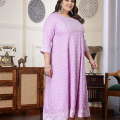 Plus Size Women's Purple Printed & Embroidered Rayon Anarkali Kurta (LAVENDERDIONPLUS)