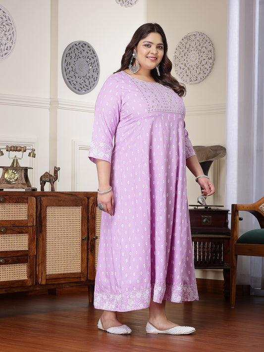 Plus Size Women's Purple Printed & Embroidered Rayon Anarkali Kurta (LAVENDERDIONPLUS)