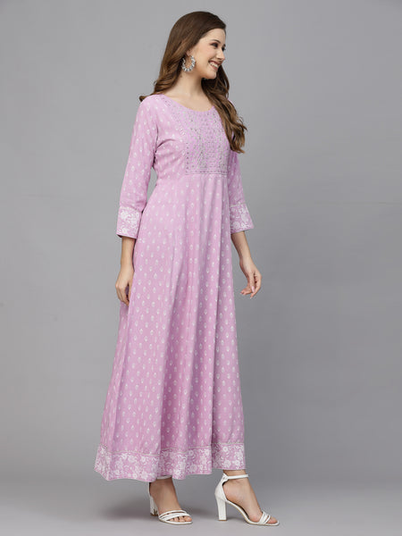 Stylum Women's Green Printed & Embroidered Rayon Anarkali Kurta (LAVENDERDION)