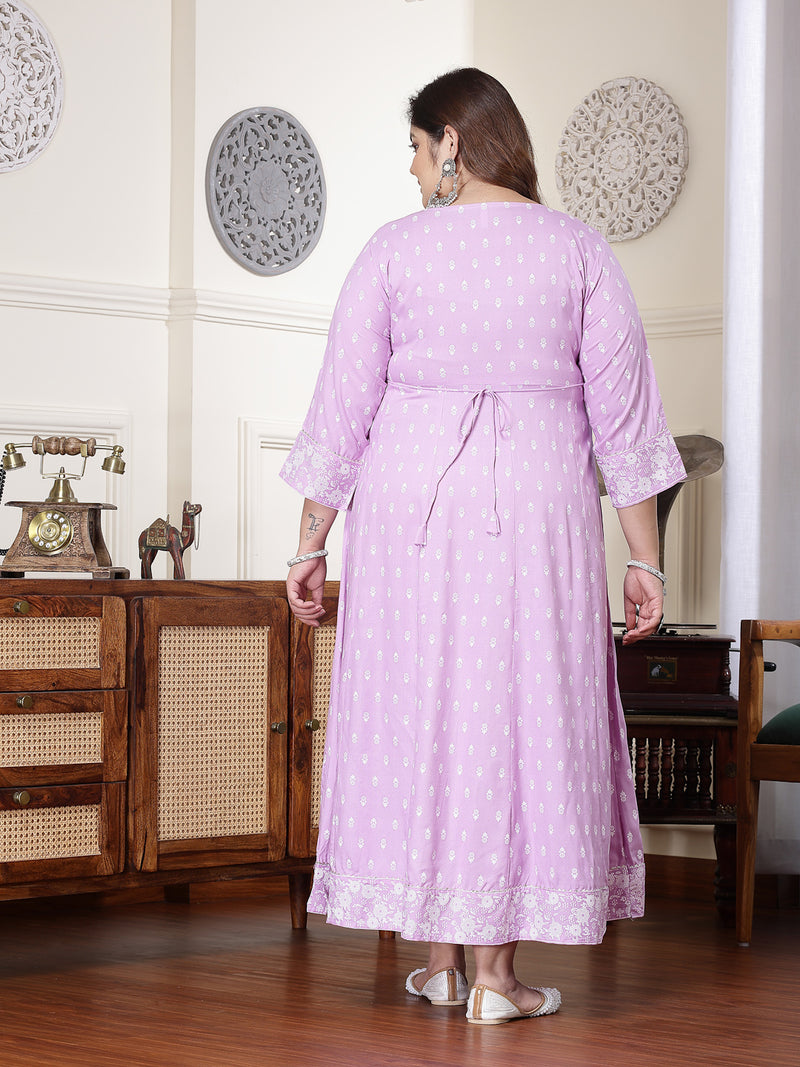 Plus Size Women's Purple Printed & Embroidered Rayon Anarkali Kurta (LAVENDERDIONPLUS)