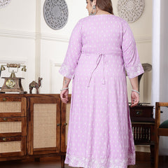 Plus Size Women's Purple Printed & Embroidered Rayon Anarkali Kurta (LAVENDERDIONPLUS)
