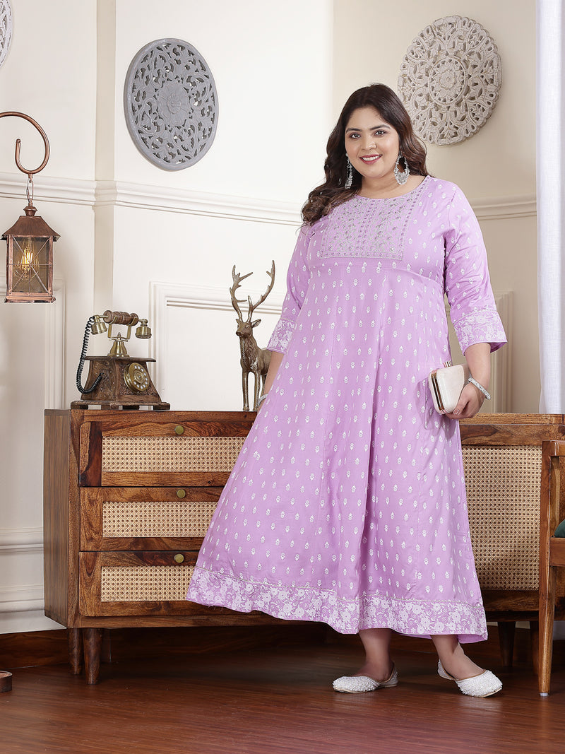 Plus Size Women's Purple Printed & Embroidered Rayon Anarkali Kurta (LAVENDERDIONPLUS)