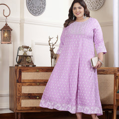 Plus Size Women's Purple Printed & Embroidered Rayon Anarkali Kurta (LAVENDERDIONPLUS)