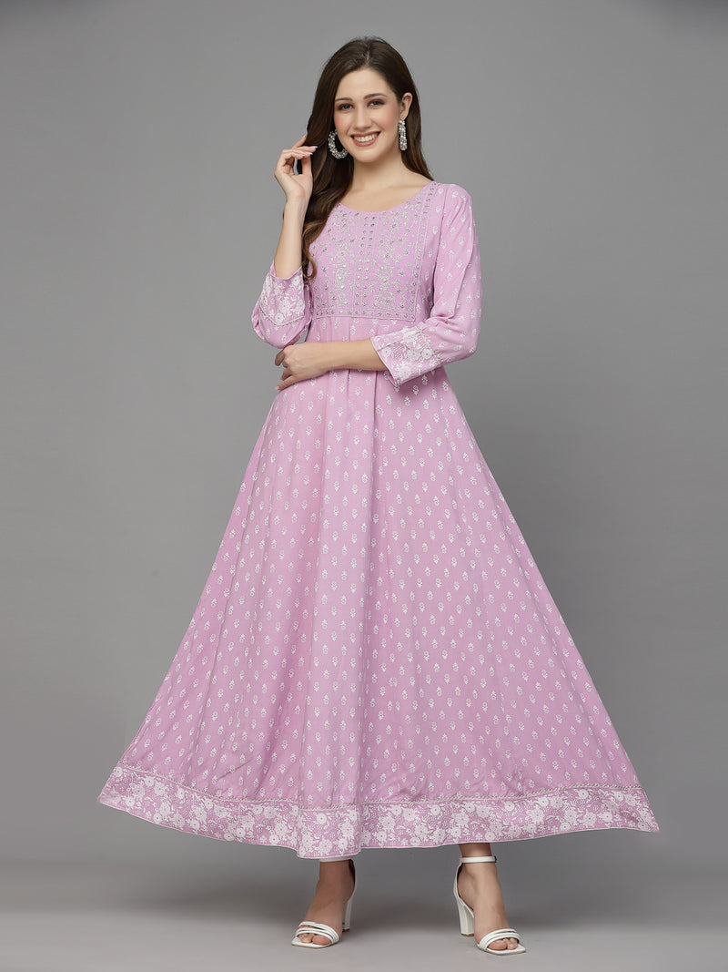 Stylum Women's Green Printed & Embroidered Rayon Anarkali Kurta (LAVENDERDION)