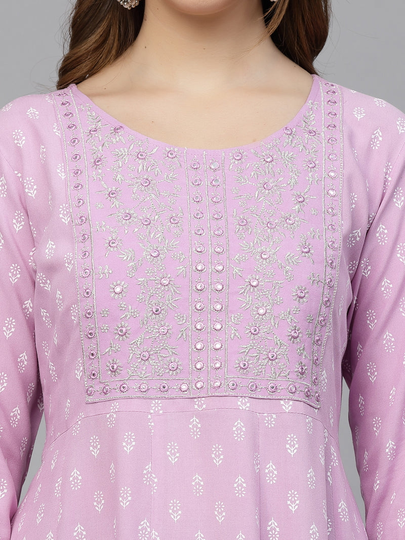 Stylum Women's Green Printed & Embroidered Rayon Anarkali Kurta (LAVENDERDION)