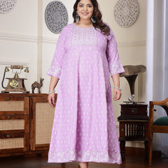 Plus Size Women's Purple Printed & Embroidered Rayon Anarkali Kurta (LAVENDERDIONPLUS)