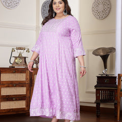 Plus Size Women's Purple Printed & Embroidered Rayon Anarkali Kurta (LAVENDERDIONPLUS)