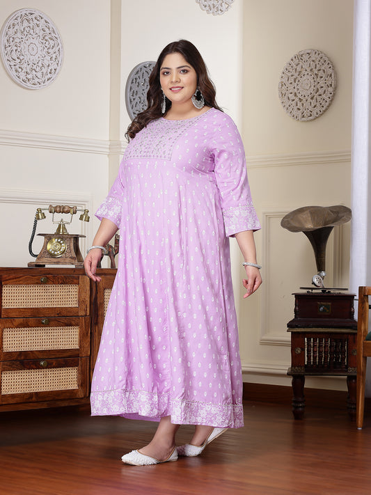 Plus Size Women's Purple Printed & Embroidered Rayon Anarkali Kurta (LAVENDERDIONPLUS)