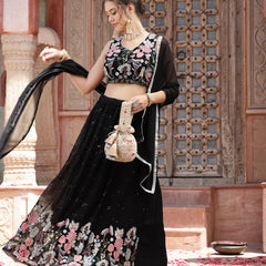 Stylum Women's Solid & Embroidered Georgette Lehenga Dupatta with Blouse (LEHBLACKBUG)