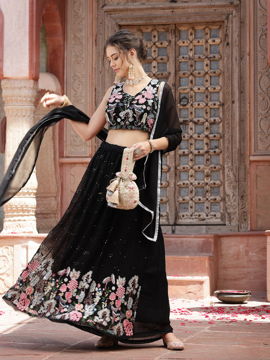 Stylum Women's Solid & Embroidered Georgette Lehenga Dupatta with Blouse (LEHBLACKBUG)