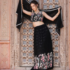 Stylum Women's Solid & Embroidered Georgette Lehenga Dupatta with Blouse (LEHBLACKBUG)