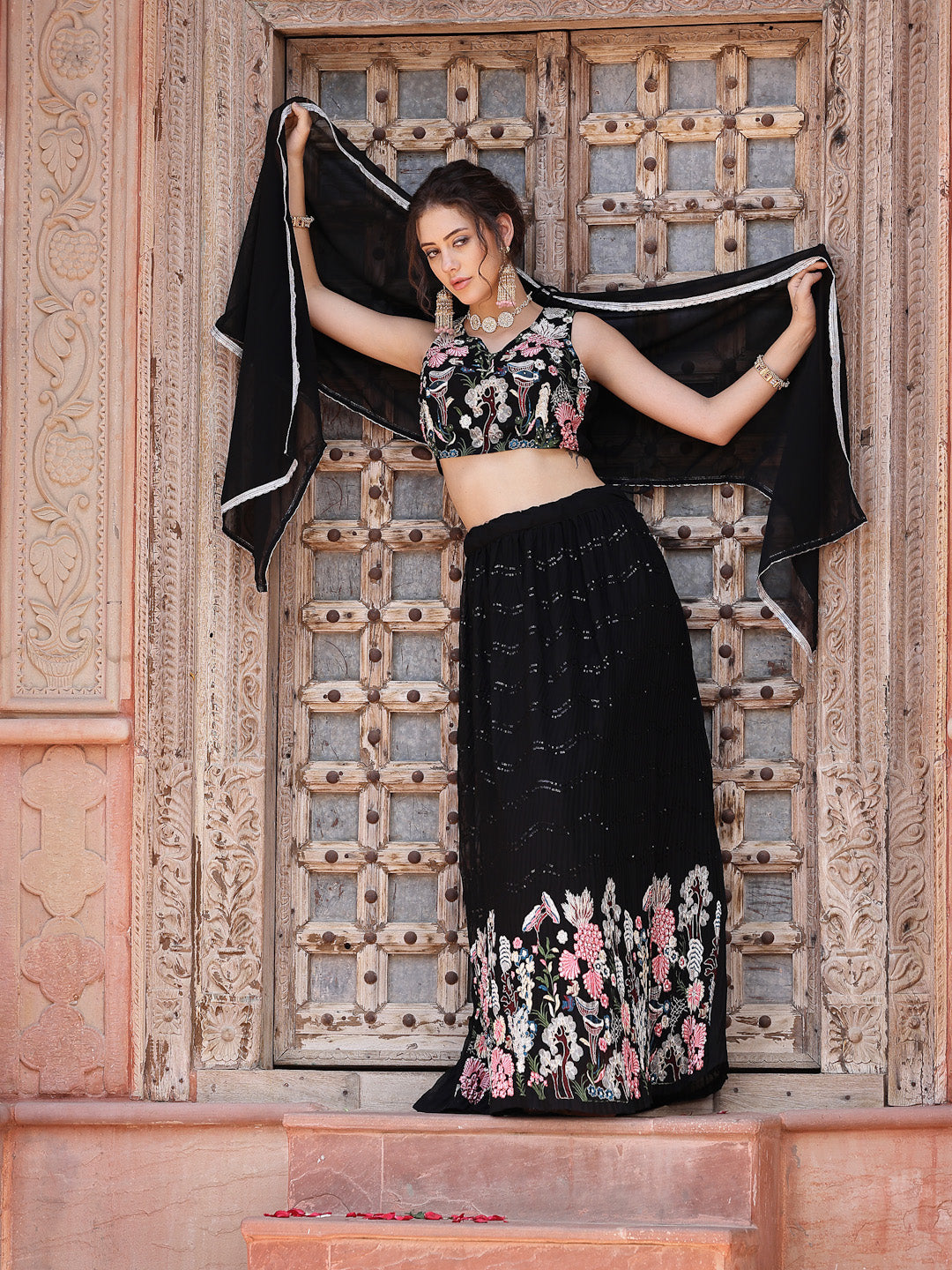 Stylum Women's Solid & Embroidered Georgette Lehenga Dupatta with Blouse (LEHBLACKBUG)