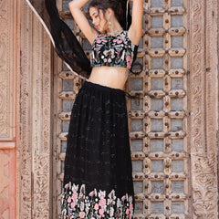 Stylum Women's Solid & Embroidered Georgette Lehenga Dupatta with Blouse (LEHBLACKBUG)