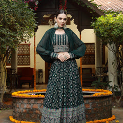 Stylum Women's Green Ethnic Motif Printed Georgette Lehenga & Blouse with Shrug (LEHGREENBLOSSOM)