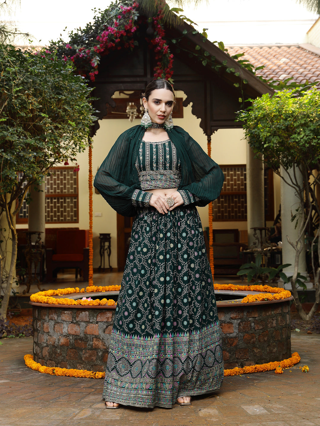 Stylum Women's Green Ethnic Motif Printed Georgette Lehenga & Blouse with Shrug (LEHGREENBLOSSOM)