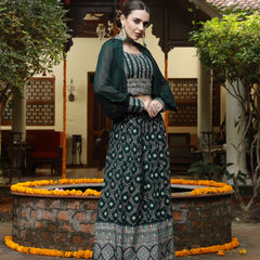 Stylum Women's Green Ethnic Motif Printed Georgette Lehenga & Blouse with Shrug (LEHGREENBLOSSOM)