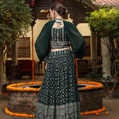 Stylum Women's Green Ethnic Motif Printed Georgette Lehenga & Blouse with Shrug (LEHGREENBLOSSOM)