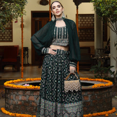 Stylum Women's Green Ethnic Motif Printed Georgette Lehenga & Blouse with Shrug (LEHGREENBLOSSOM)