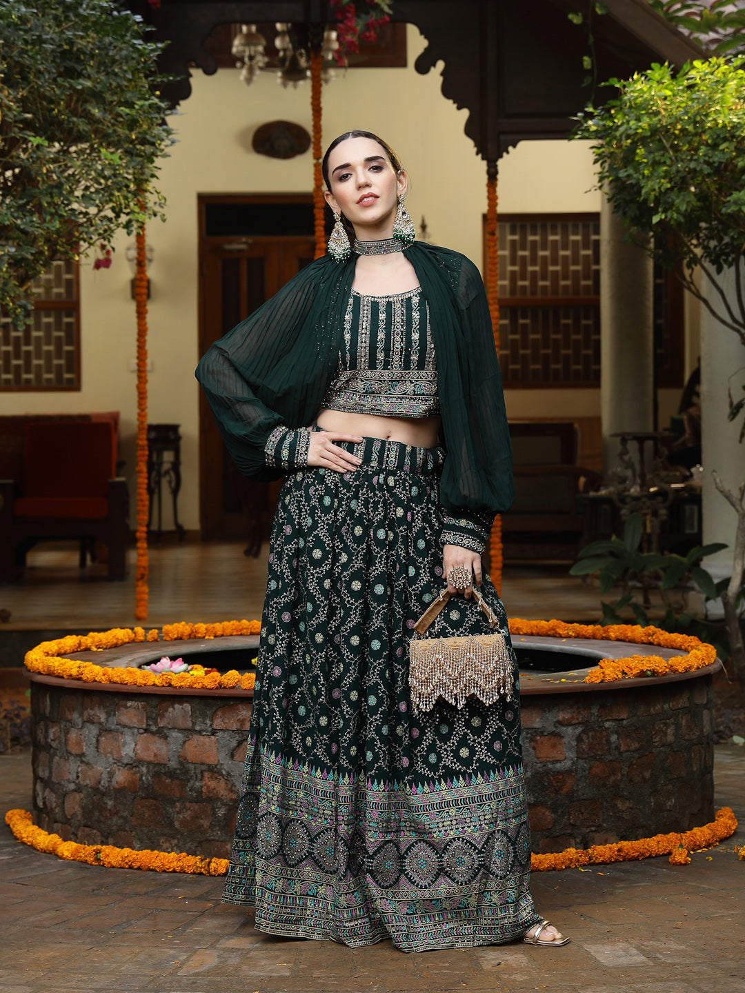 Stylum Women's Green Ethnic Motif Printed Georgette Lehenga & Blouse with Shrug (LEHGREENBLOSSOM)