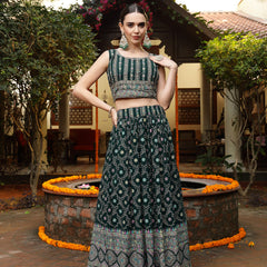 Stylum Women's Green Ethnic Motif Printed Georgette Lehenga & Blouse with Shrug (LEHGREENBLOSSOM)