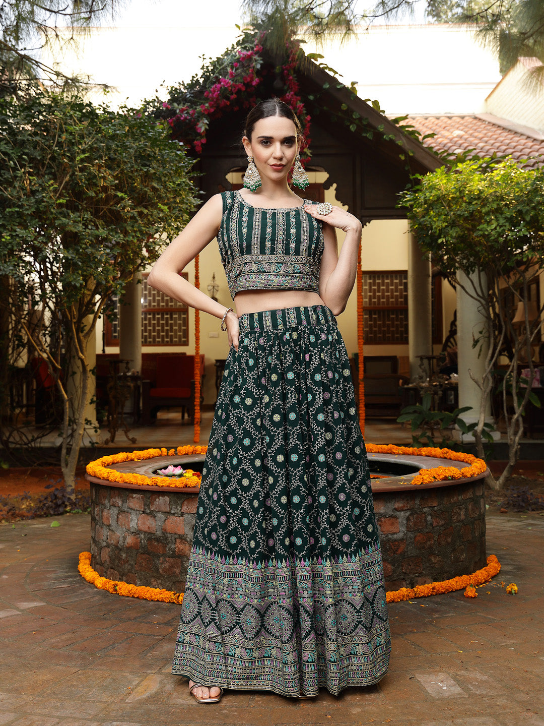 Stylum Women's Green Ethnic Motif Printed Georgette Lehenga & Blouse with Shrug (LEHGREENBLOSSOM)