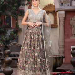 Stylum Women's Floral Printed & Embroidered Silk Blend Lehenga Dupatta with Blouse (LEHGREENHILL)