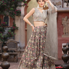 Stylum Women's Floral Printed & Embroidered Silk Blend Lehenga Dupatta with Blouse (LEHGREENHILL)