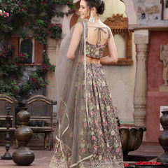 Stylum Women's Floral Printed & Embroidered Silk Blend Lehenga Dupatta with Blouse (LEHGREENHILL)