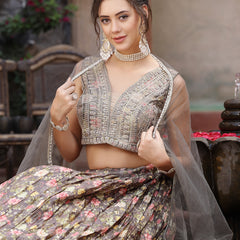 Stylum Women's Floral Printed & Embroidered Silk Blend Lehenga Dupatta with Blouse (LEHGREENHILL)