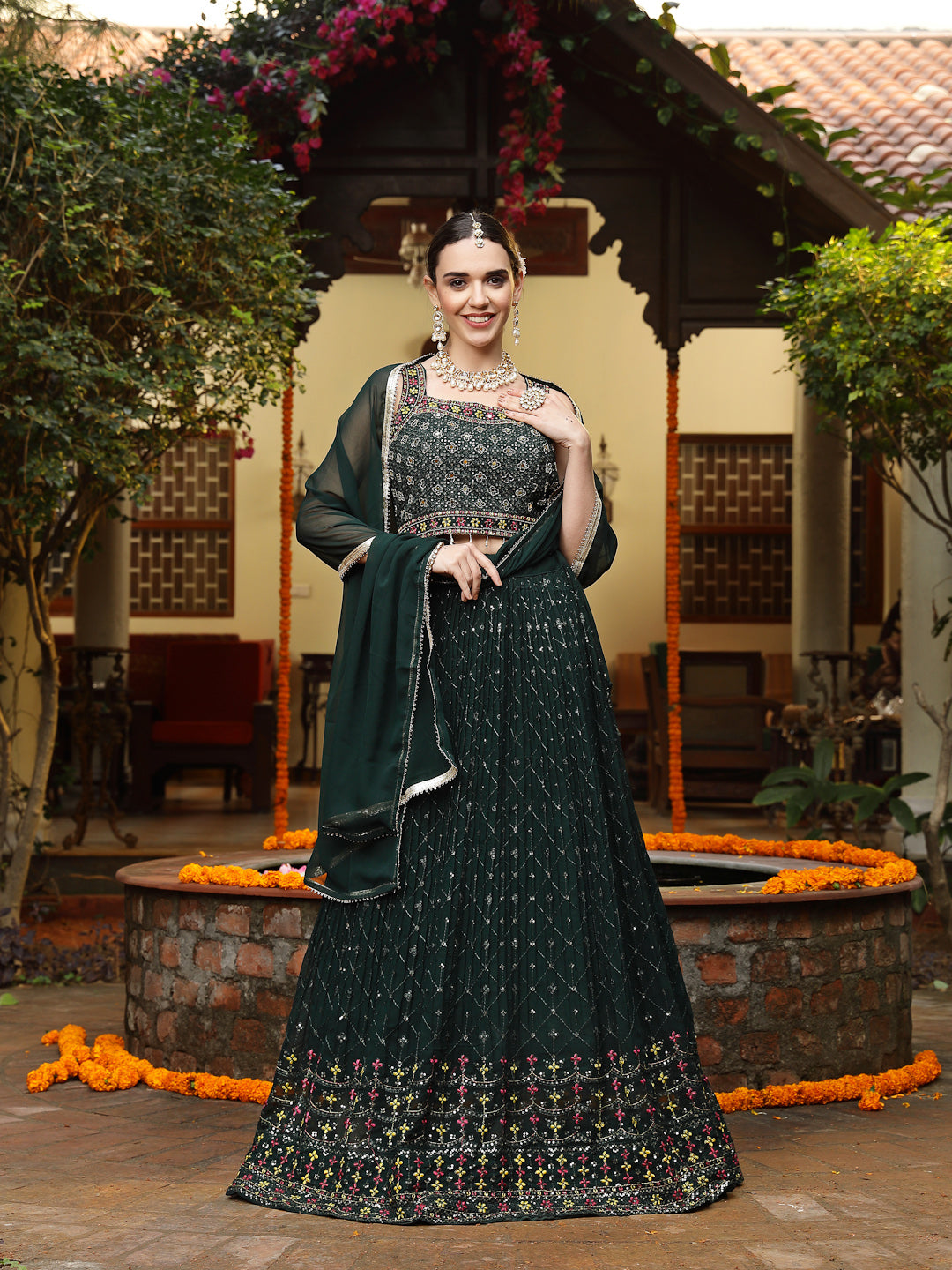 Stylum Women's Green Embroidered Georgette Lehenga & Blouse with Dupatta (LEHGREENMANNAT)