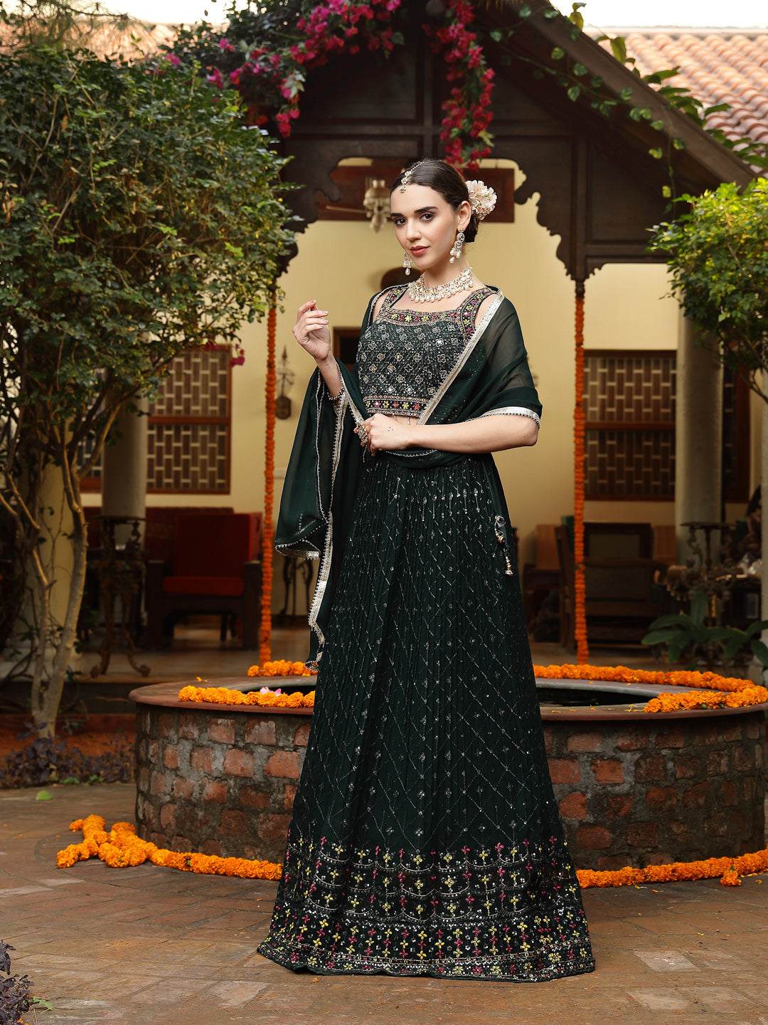 Stylum Women's Green Embroidered Georgette Lehenga & Blouse with Dupatta (LEHGREENMANNAT)