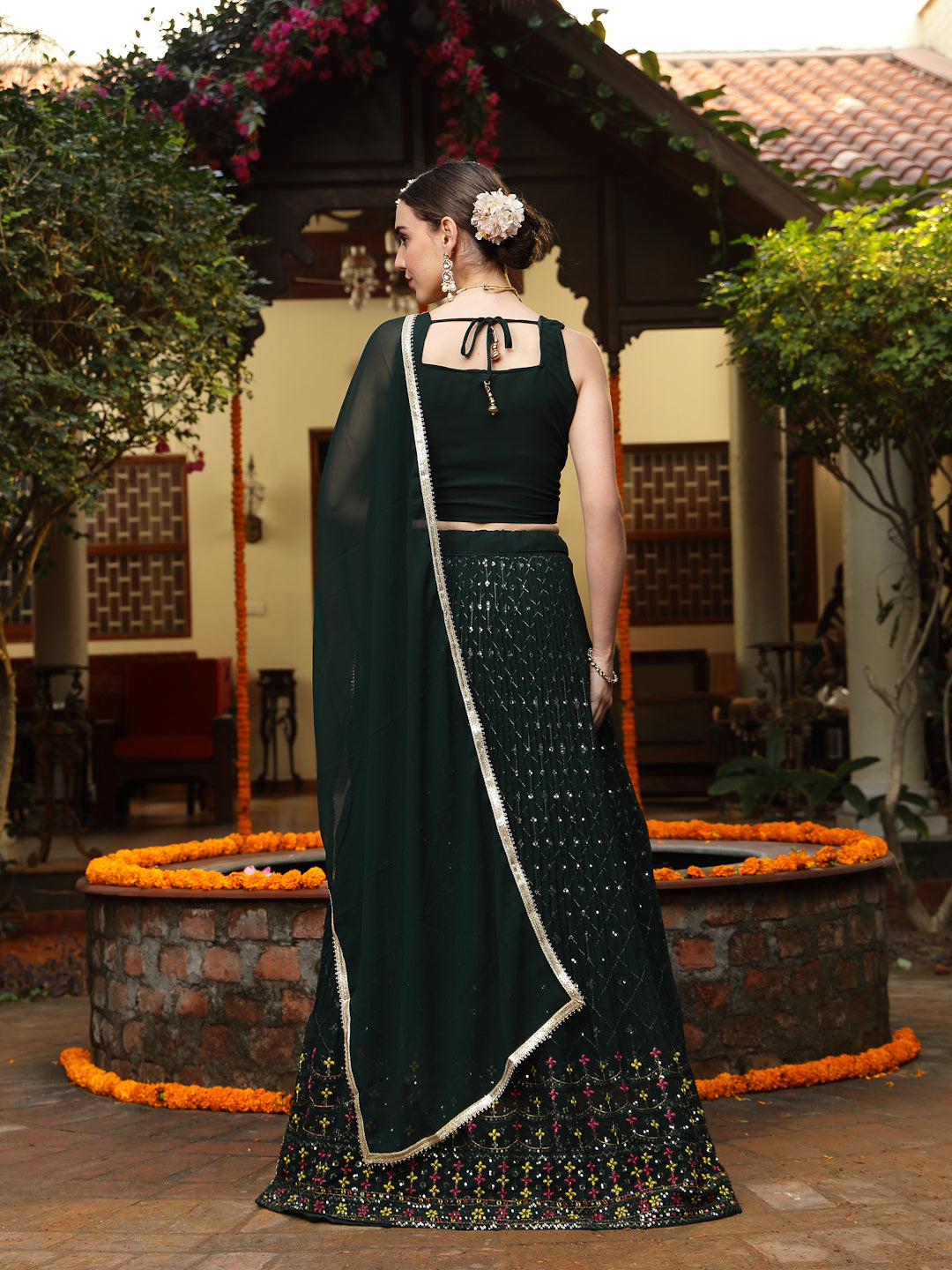 Stylum Women's Green Embroidered Georgette Lehenga & Blouse with Dupatta (LEHGREENMANNAT)